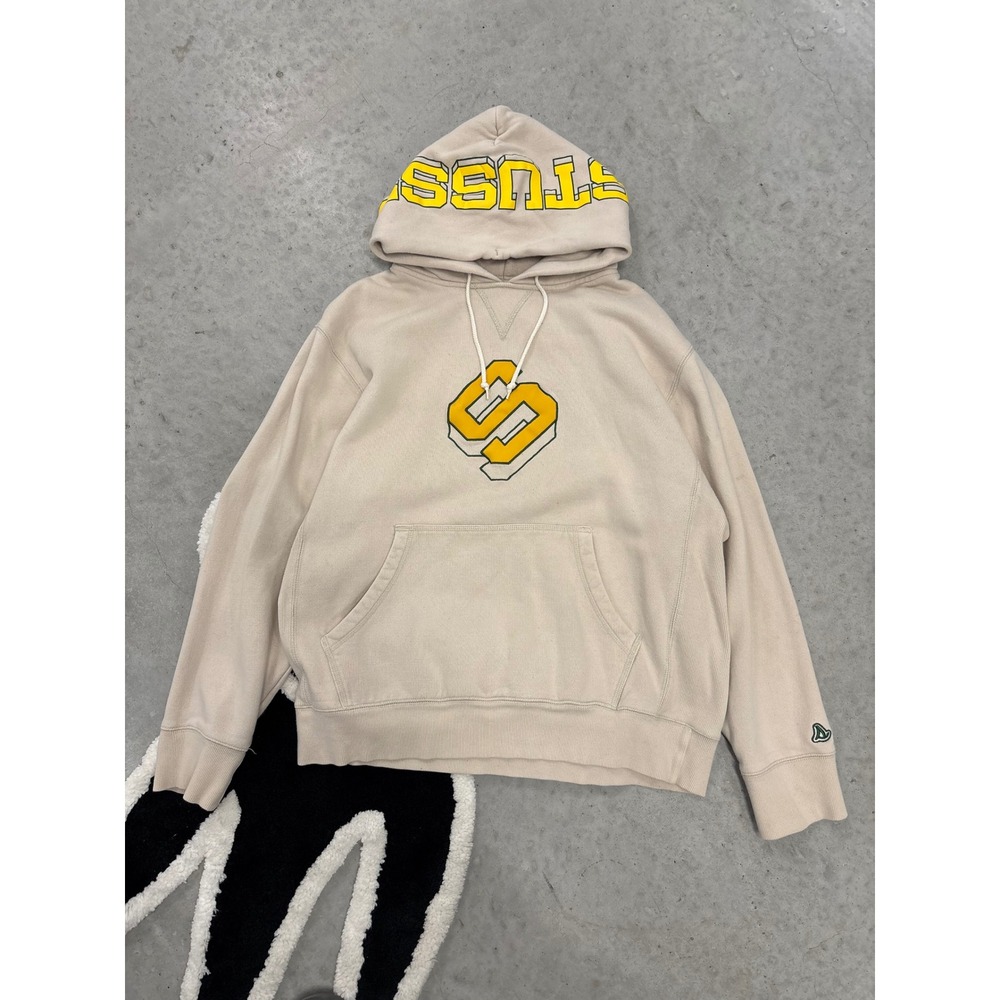 Vintage Stussy Hoodie Beige Graphic Hood Logo Sweatshirt XL